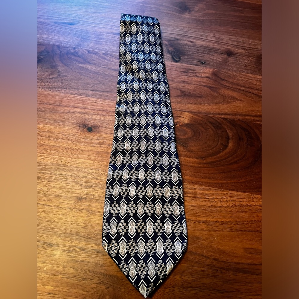 Daniel De Fasson Tie - Extra Long Blue Geometric Silk Necktie - Men's Classic